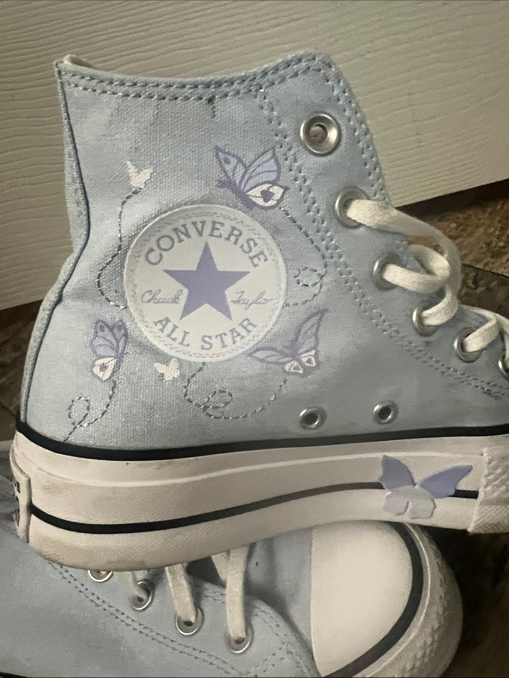 Converse High Top Sneakers - Pale Blue with Lavender Butterfly Accents - Picture 2 of 2